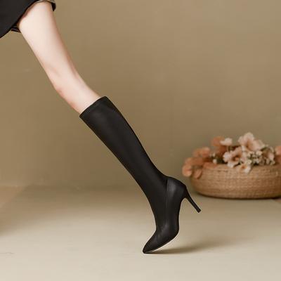 Lederstiefel weiches Leder hohe Absätze dünne Absätze Damen neue dünne Stiefel spitze Stiefel elastisches Knie mittelhohe Stiefel