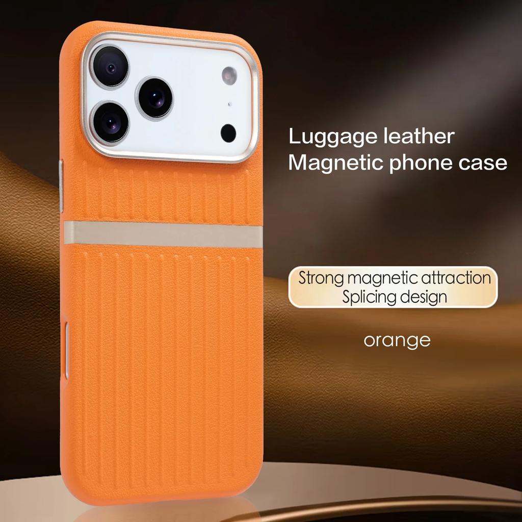 Luxury Luggage Stripe Magnetic Phone Case for iPhone 17 Pro Max 17 Air 16 Pro 15 14 13 Wireless Charging PU Leather Hard Cover