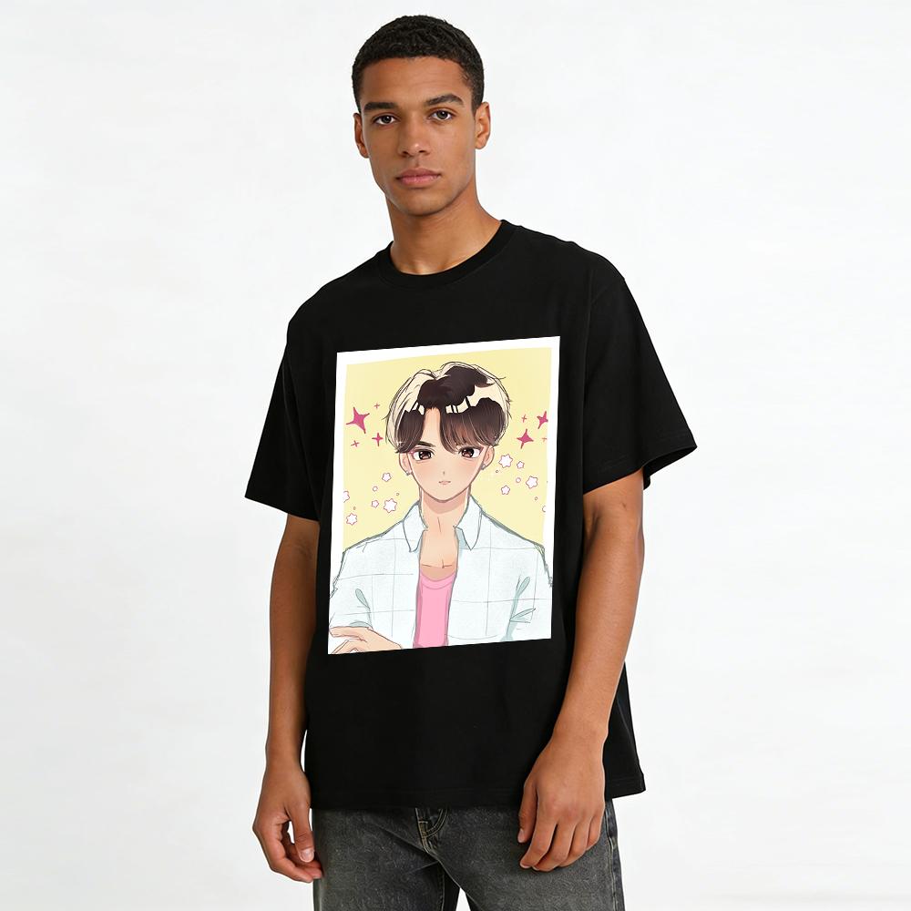 Anime Style Handsome Boy Print Casual Top Trendy Loose Fit Unisex Short Sleeve T-Shirt Pure cotton T-shirt