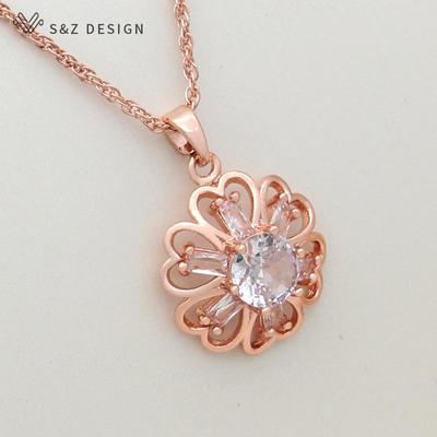 Collar con colgante de flores de circonita cúbica redonda de color oro rosa a la moda para mujer, joyería para fiesta de boda, regalo