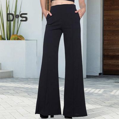 Women Long Pants Elastic High Waist Pockets Solid Color Trousers Casual Loose Fit Wide Leg Flared Pants Streetwear