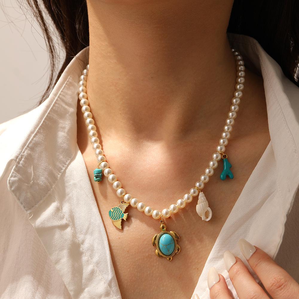 Fashion Stainless Steel Faux Pearl Pendant Necklace with Cherry and Starfish Design for Women