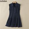 VONDA Summer Women Lapel Neck Sleeveless Buttons Up Ruffled Casual Tank Dress