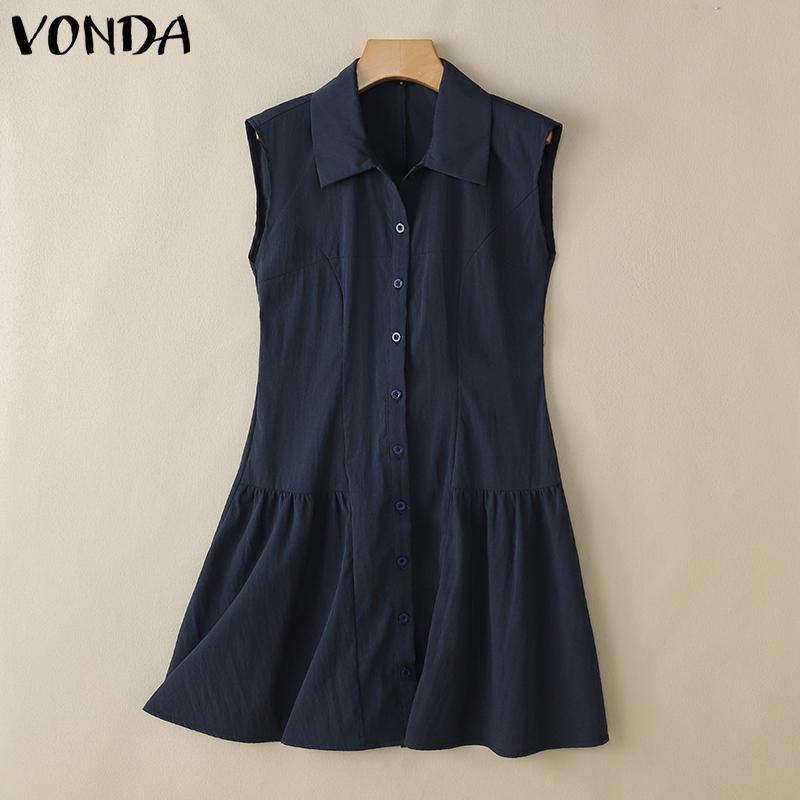 VONDA Summer Women Lapel Neck Sleeveless Buttons Up Ruffled Casual Tank Dress