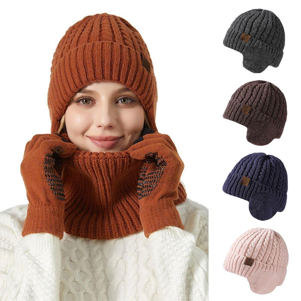 3Pcs/set Soft Touch Screen Gloves Warm Ear Protection Cap Winter Beanie Hat Scarf  for Men Women