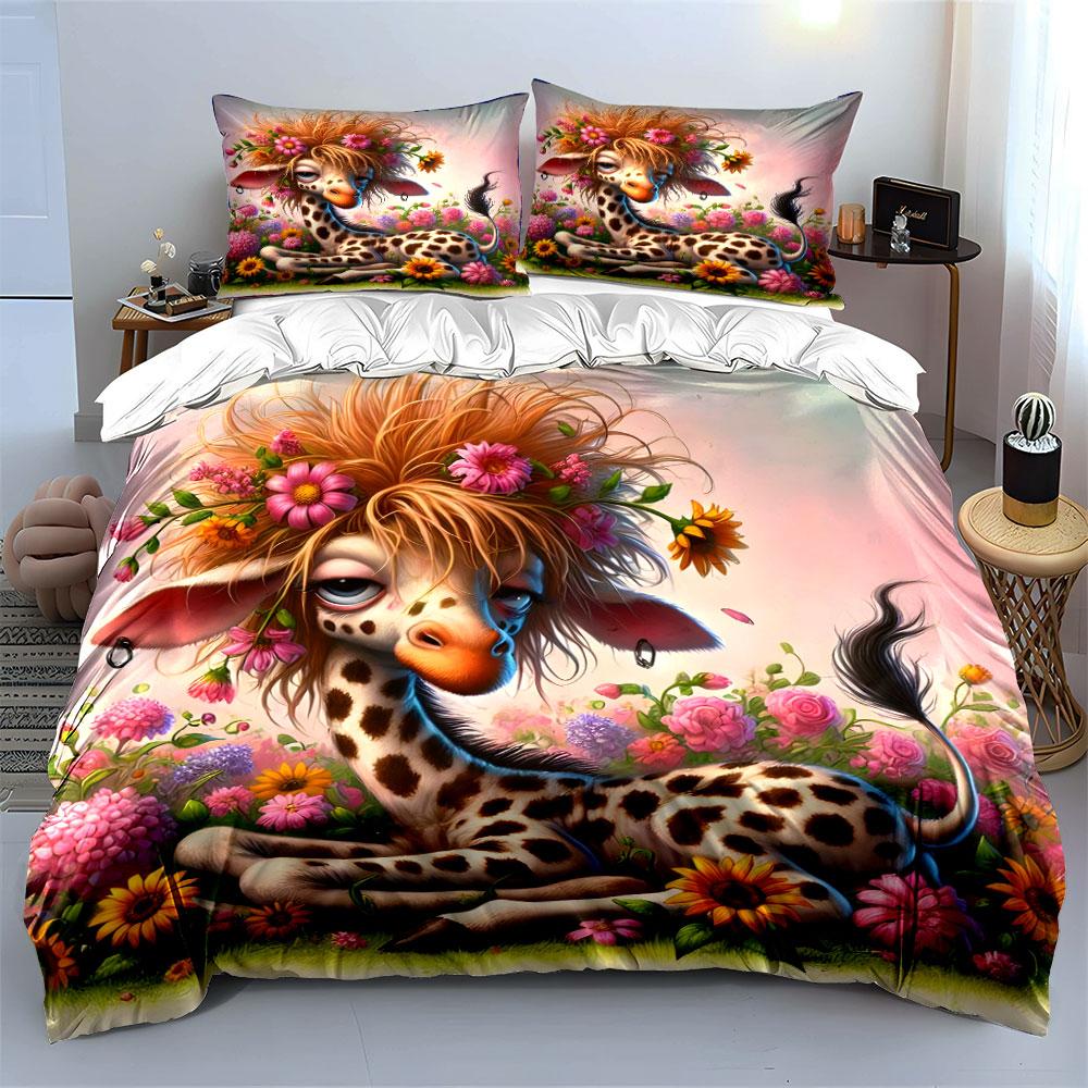 Lazy Giraffe Adorned With Flowers Duvet Cover Set With 3D Printing Design Soft Polyester Bedding Set All-Season Comfort