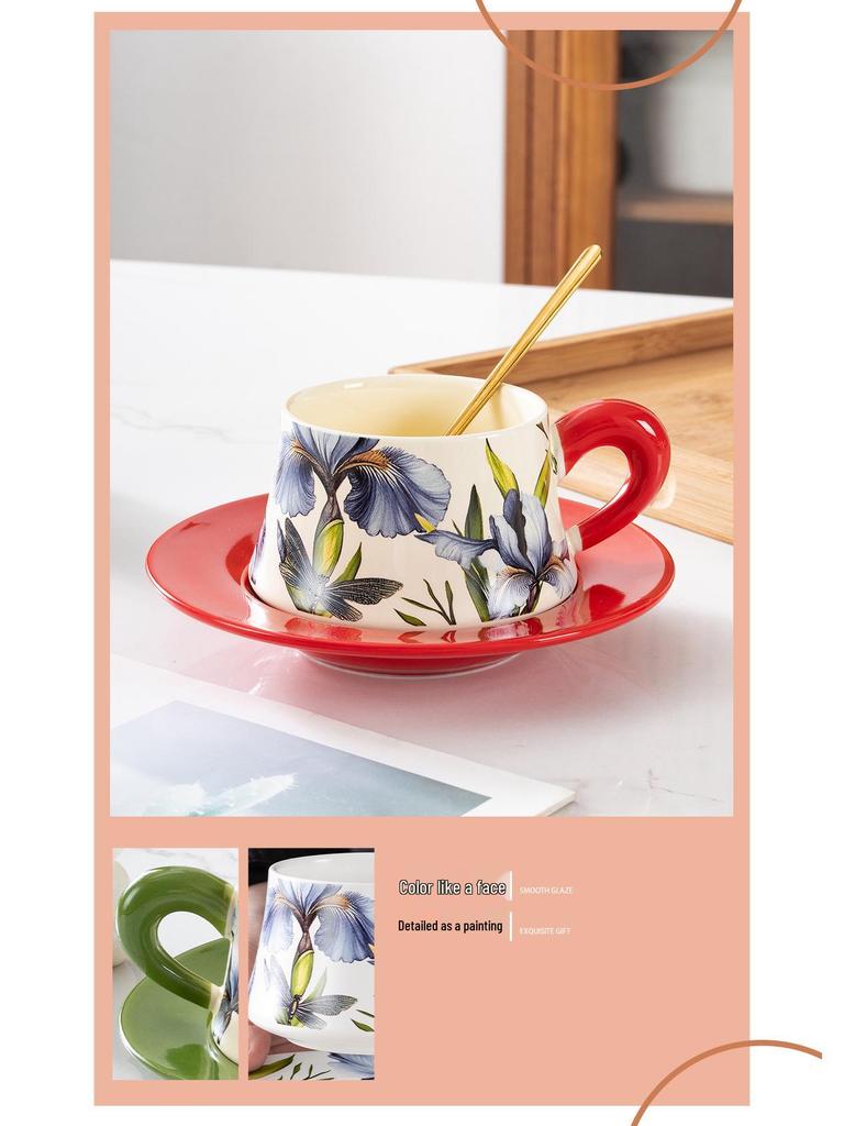 Niche Hand-Painted Floral Ceramic Coffee Cup and Saucer - Luxurious Nordic Design