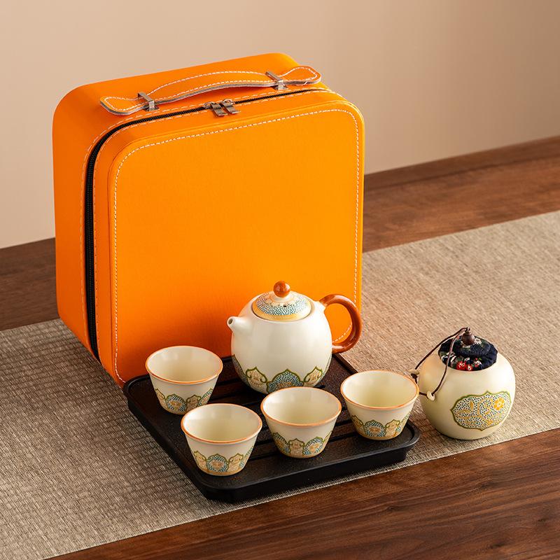 Retro high-grade Ru kiln ceramic teapot, Kung Fu tea set, teacup, tea tray, light luxury household tea making set, high-end gifts