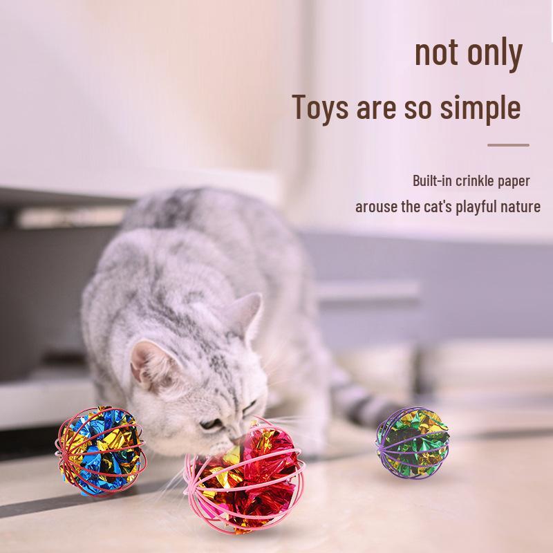 Interactive Cat Chase Toy: Crinkle Paper Ball In Sphere Cage for Self-Play