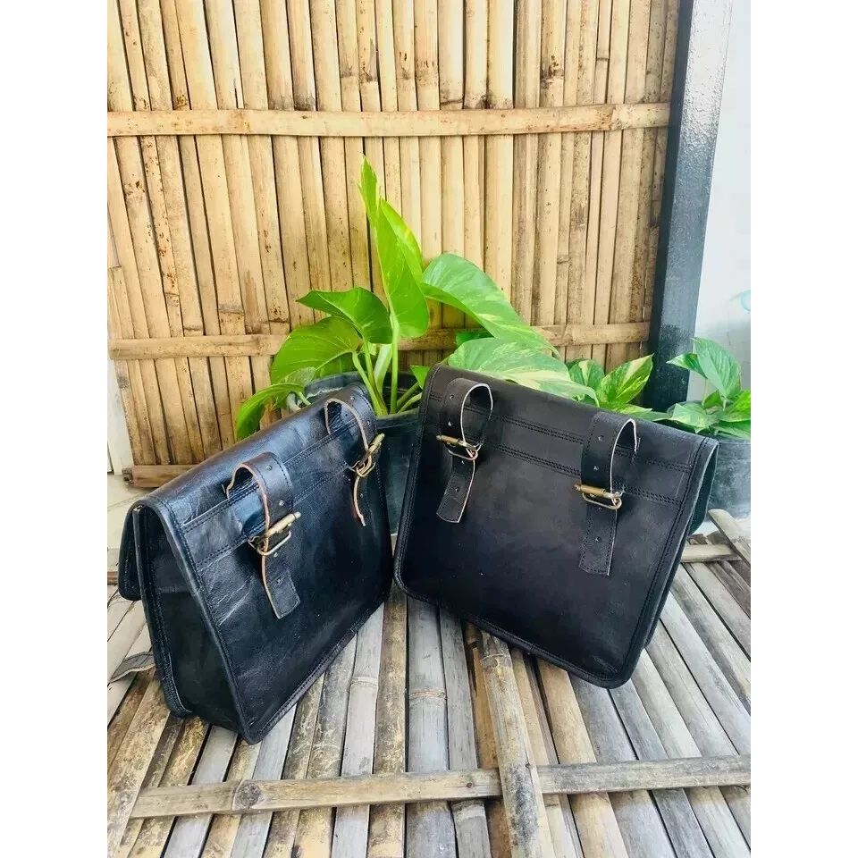 Goat Leather Messenger Satchel Black Motorcycle Handmade Bag.  ( Free Gift Tool Bag Black Size - 9 X 5 X 4 In )