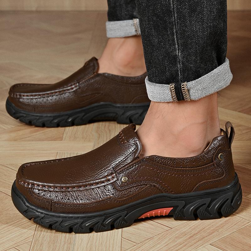 Handmade Men's Slip-On Loafers Hands-Free Casual Dress Shoes Durable Genuine Leather Walking Shoes Non-Slip Rubber Sole Footwear