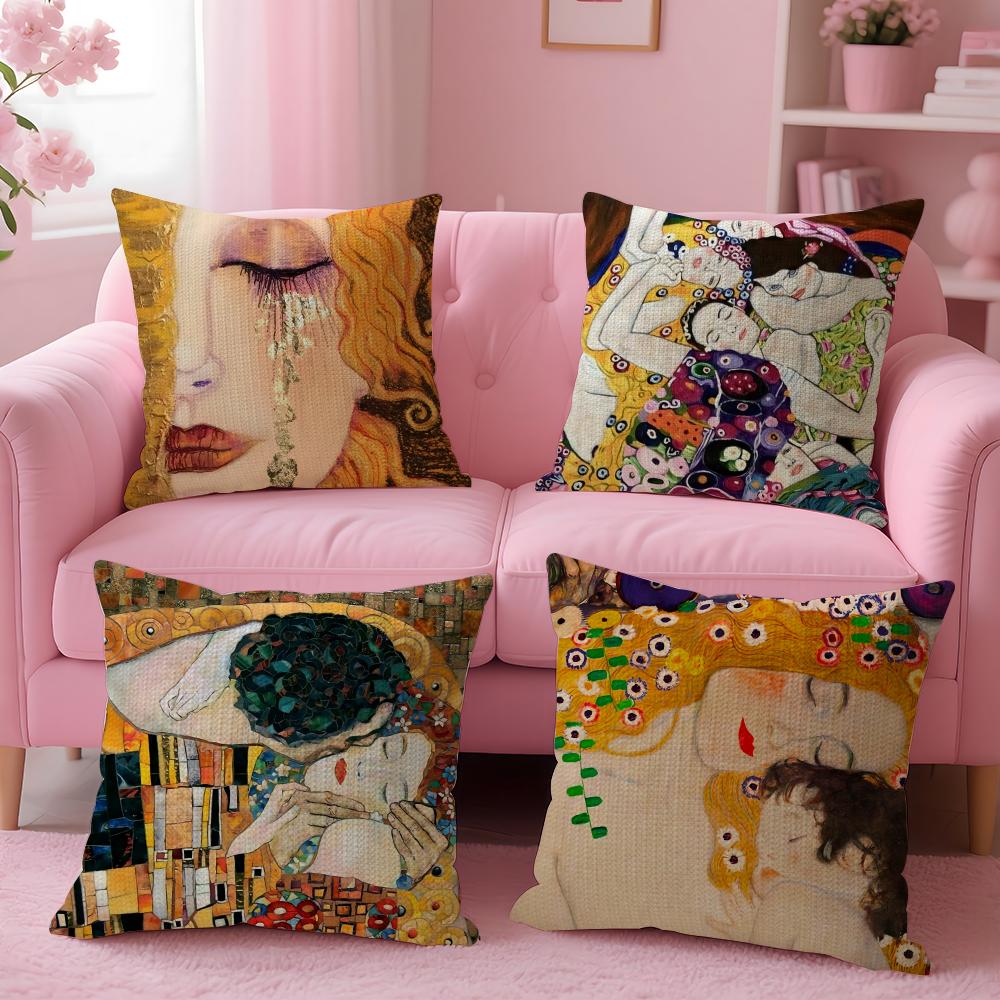 Gustav Klimt Oil Painting Cushion Cover Natural Linen Organic Fabric Double-Sided Printing Sofa Home Decor Gift Pillow Case
