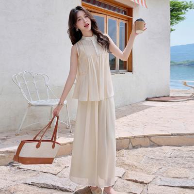 Off-white Light Ripe Wind Sleeveless Vest Set Women's Summer New Wide-leg Pants Three-piece Set