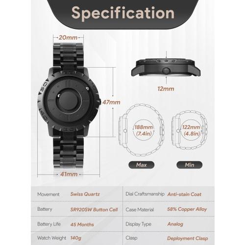 EUTOUR Men's Magnetic Watch with Ball Bearing Design, Minimalist Casual Quartz Movement, Waterproof, 40mm, Black Dial, Black Stainless Steel Band