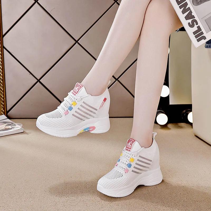 Fashion Classics 8CM Genuine Leather Sneakers Platform Shoes Wedge Hidden Heel Pumps Fashion Ventilate Sneakers Women Summer Shoes