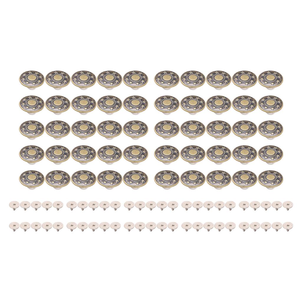 50 Sets Pants Button 17mm Bronze Circle Star Pattern Stainless Steel Pants Rivets with 2x6.5mm