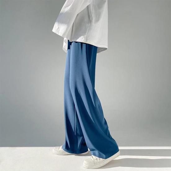 Summer Men Pants Solid Color Elastic Waist Anti-wrinkle Draping Wide Leg Trousers Streetwear