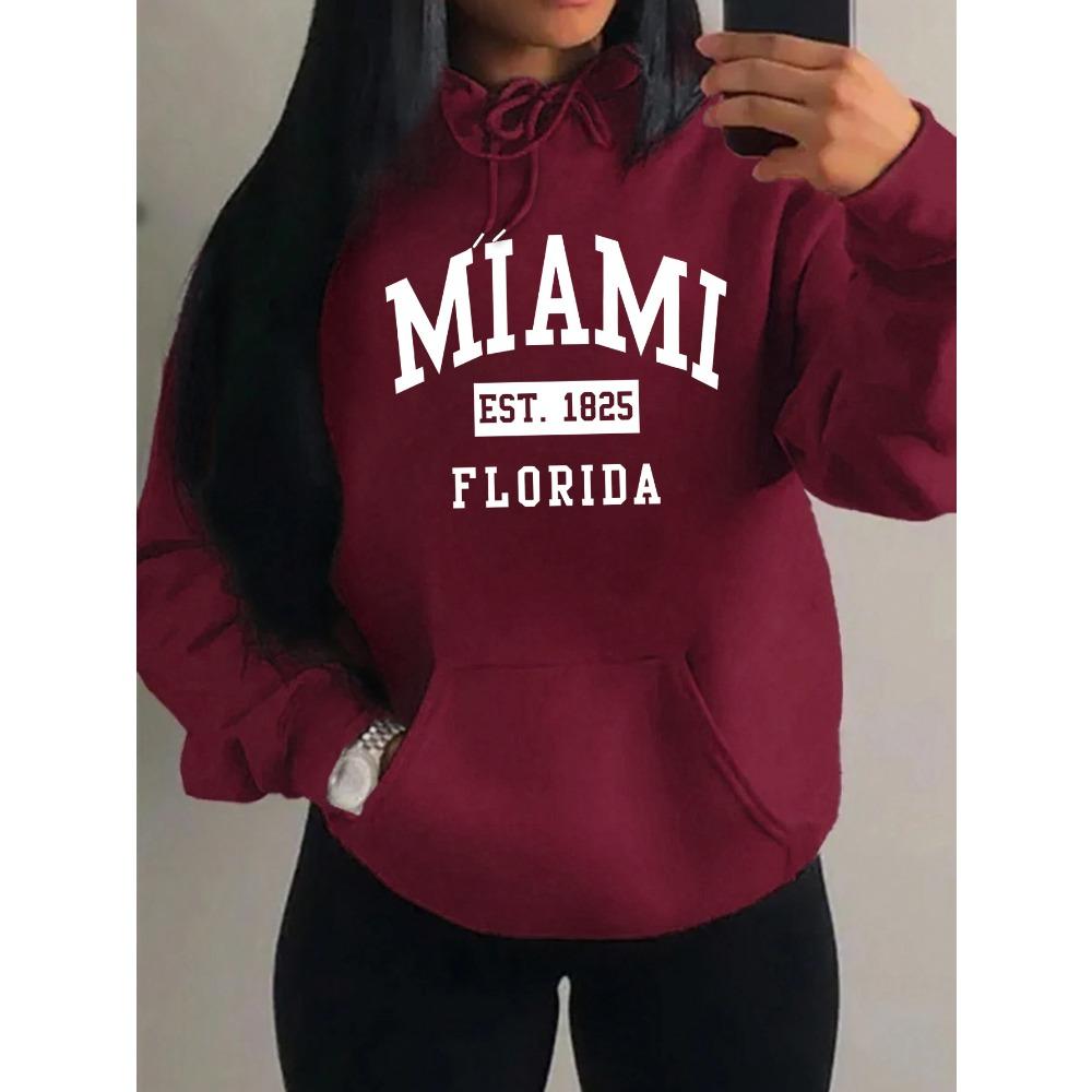Miami Est 1825 City Art Letter Prints Women Hoodie Pocket Streetwear Harajuku Loose Hoody Fleece Female Clothing