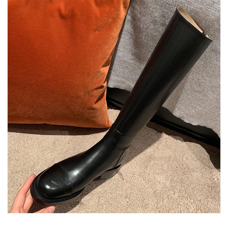 Bottes d'équitation hautes jusqu'au genou en cuir véritable pour femme, bout rond, avec broderie camélia en cuir de vachette
