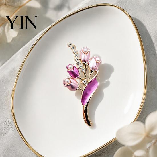 Elegant Alloy Jewelry Faux Pearl Tulip Brooch for Women, Bling Rhinestone Flower Decorative Shirt Brooches Lapel Pin, Dainty Clothing Wedding