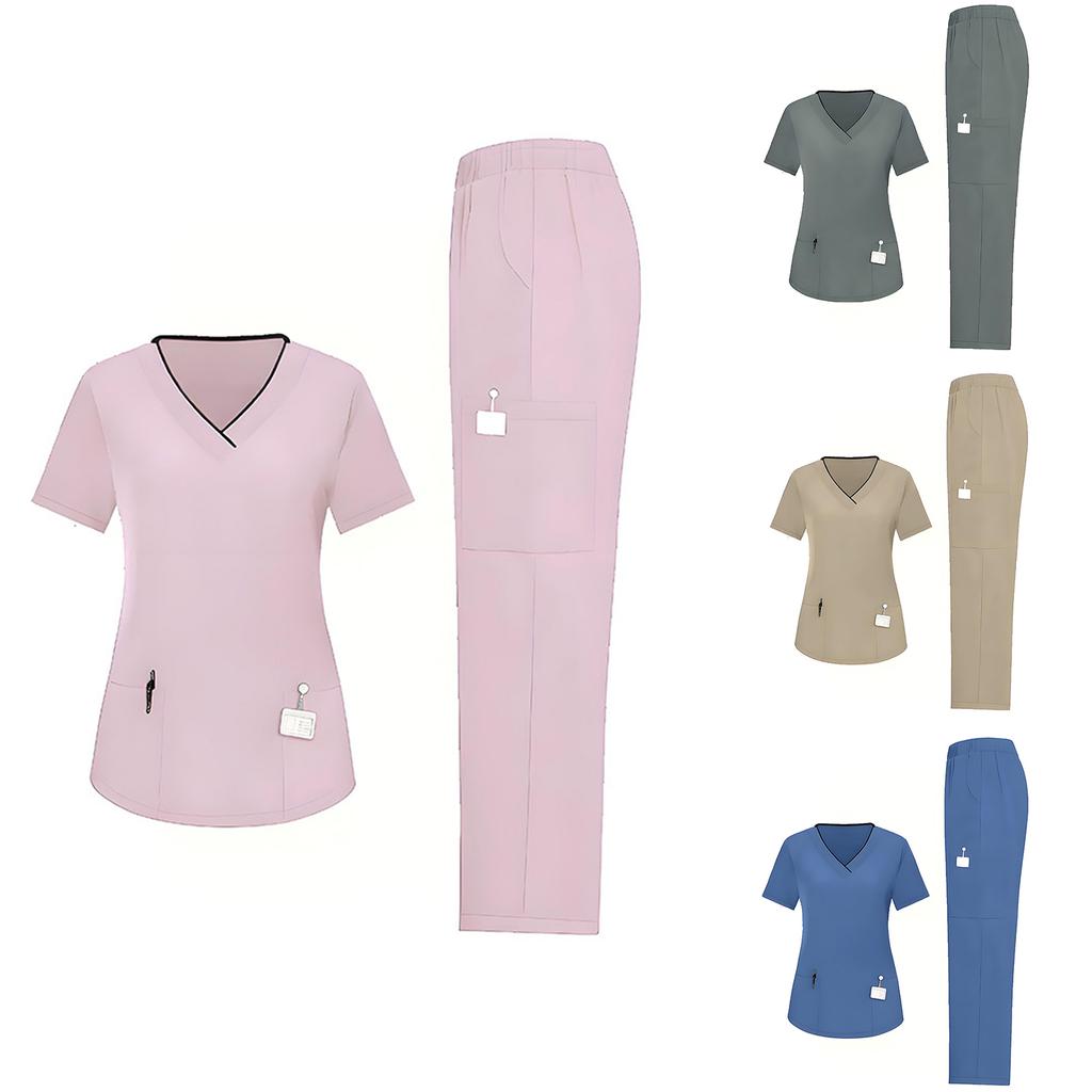 Completo da lavoro da donna ampio e comodo con scollo a V e maniche corte, con tasche multiple