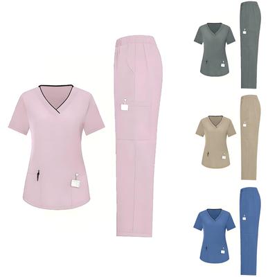 Ladies' Loose And Comfortable V,neck Short Sleeved Workwear With Multiple Pockets Suit Set