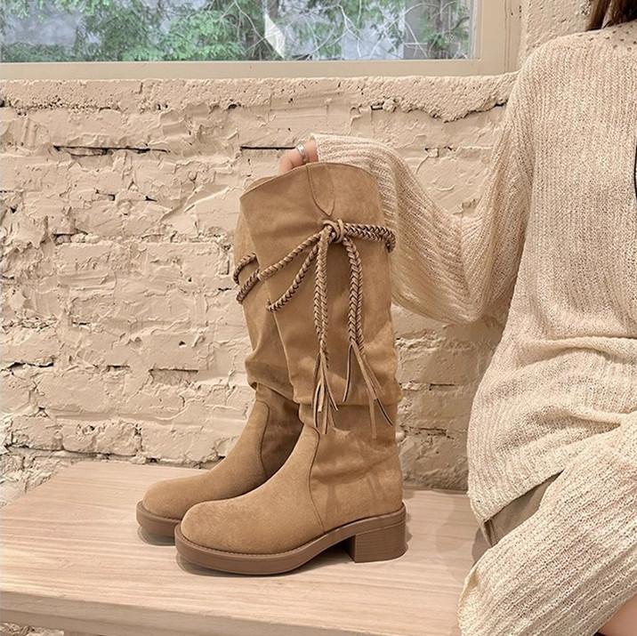 [Grape Mother of the Same Style] Egyptian Boots~ Fringed Thick Heel Medium and High Boots Western Cowboy Boots Women's Stacking Boots