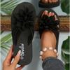 All-Season Floral Embellished Flip-Flops - 1pc Women'S Solid Color Slip-On Vacation Style - Fabric Upper, EVA Sole & Insole, Mid Heel