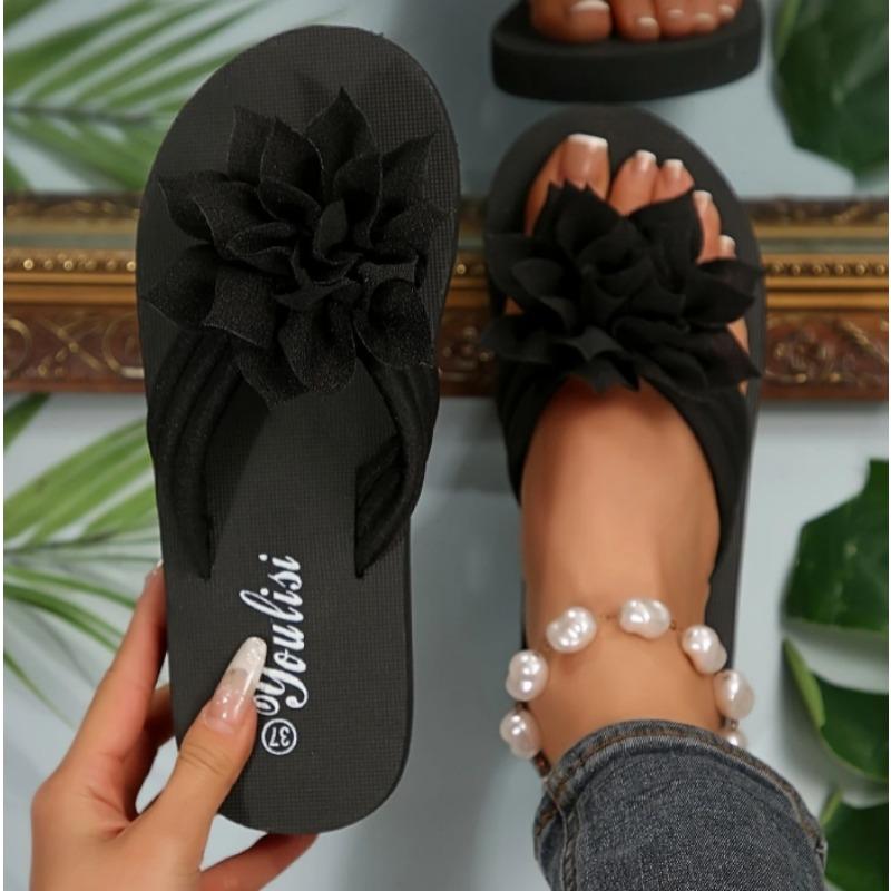 All-Season Floral Embellished Flip-Flops - 1pc Women'S Solid Color Slip-On Vacation Style - Fabric Upper, EVA Sole & Insole, Mid Heel
