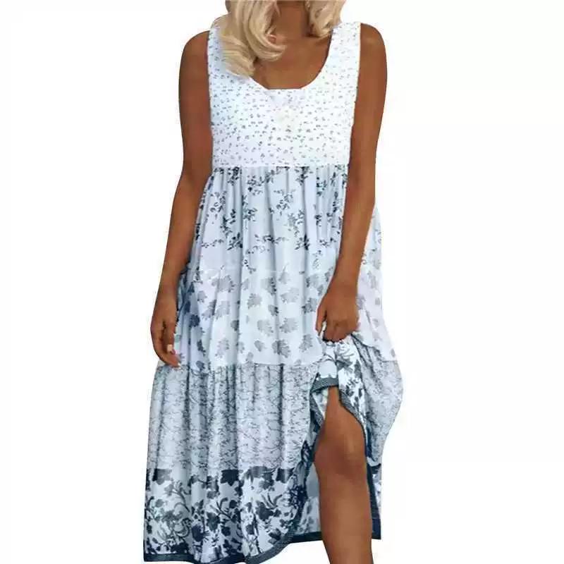 

Летние женские винтажные пляжные платья Элегантное платье миди с круглым вырезом, без рукавов, свободного кроя, Повседневное лоскутное платье для вечеринки XXXL синий
