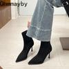 Pointed Toe Women's High Heel Ankle Boots Fashion Elegant Dancing Party Shoes Autumn Winter Women's Stretch Slim Short Booties