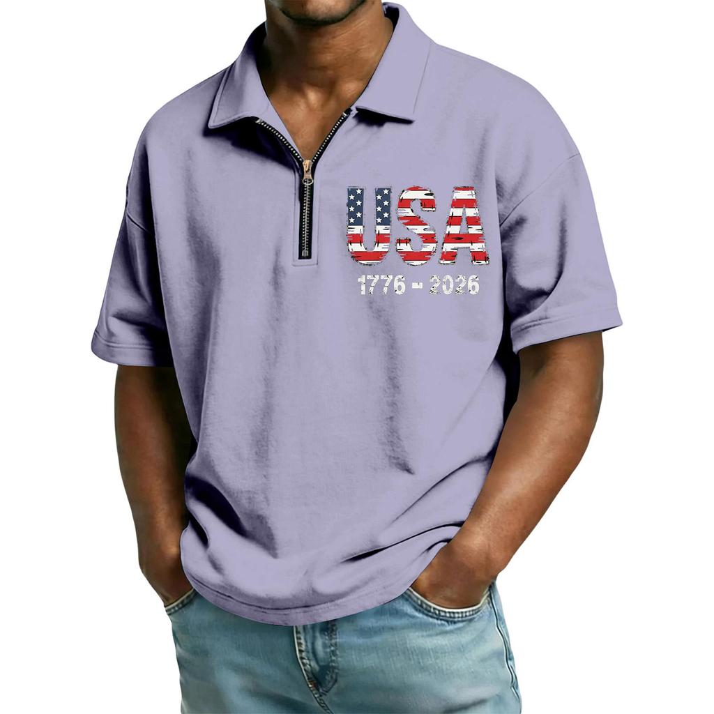 Men’s Short Sleeve Polo Shirt with Zipper Collar USA Letter Print 1776-2026 Casual Lightweight Top for Everyday Wear