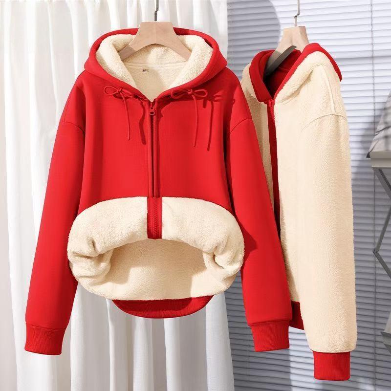 Men's Velvet-Lined Lambswool Hoodie - Trendy, Thickened, Plain Color Zipper Cardigan