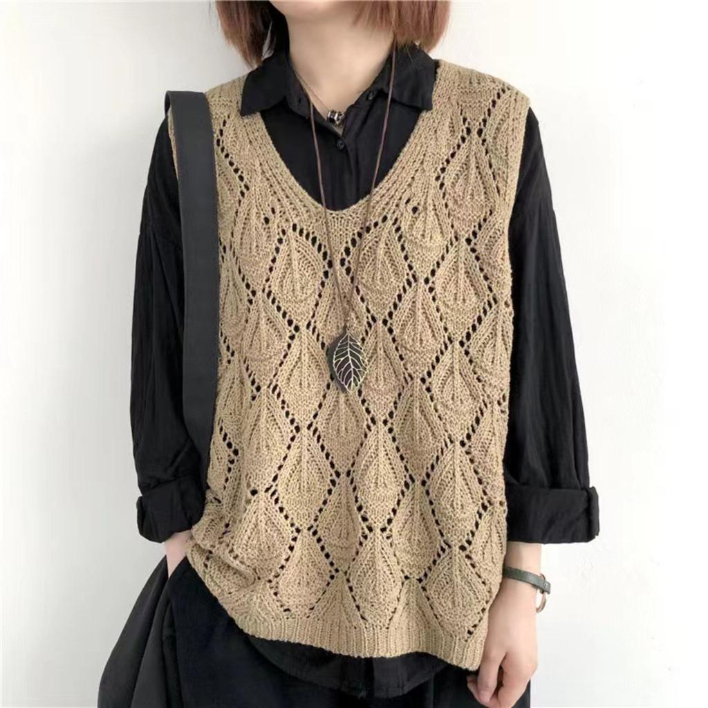 New, Retro, V-neck, Crochet, Knitted Sweater, Sleeveless Vest, Top, Loose, Hollowed Out, Pullover Vest