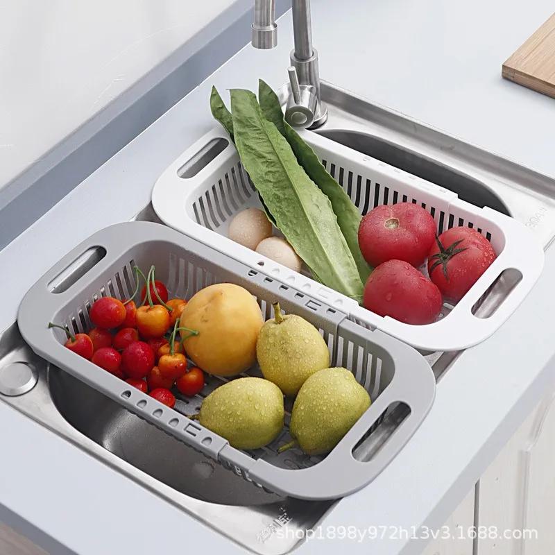 Drain Basket Bowl Rack Kitchen Fruit Basin Storage Sink Retractable