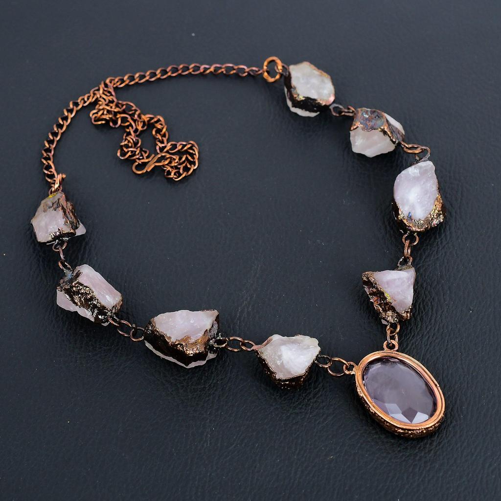Rose Quartz Necklace Gemstone Jewelry, Copper Electroformed Adjustable Chain Necklace, Gift For Women Handmade Necklace