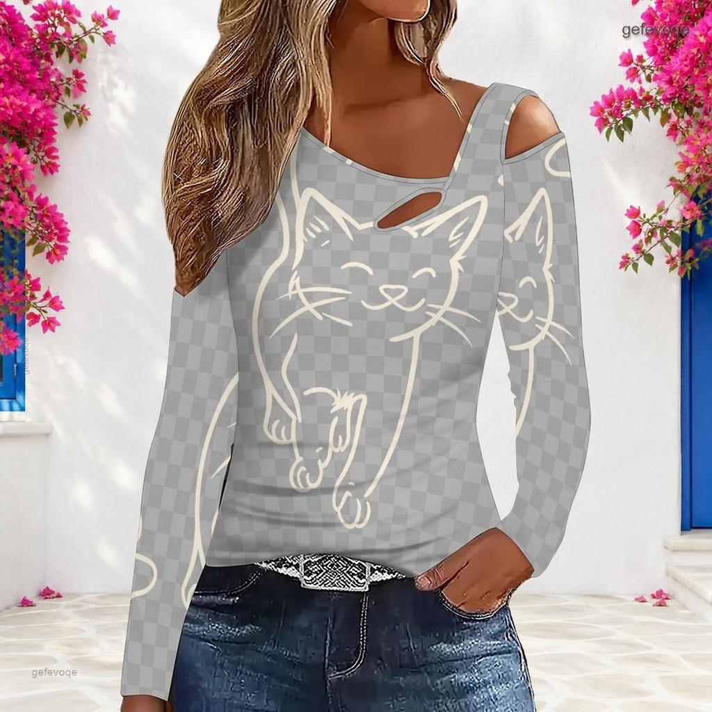 Women Plus Size Asymmetric Cutout Neck Cold Shoulder Long Sleeve Black White Printed Fitted Top