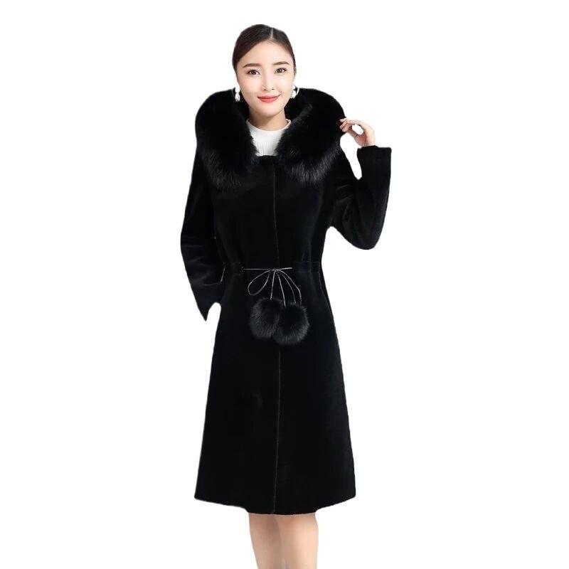 Sheep shearing coat women's long new waist thickened hooded imitation fox fur collar imitation fur coat