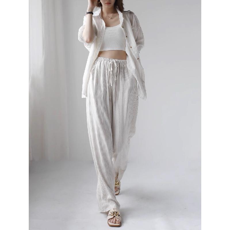 2026 New Loose Sun-Protective Striped Cotton-Linen Long-Sleeve Shirt for Women, Mid-Length Outerwear