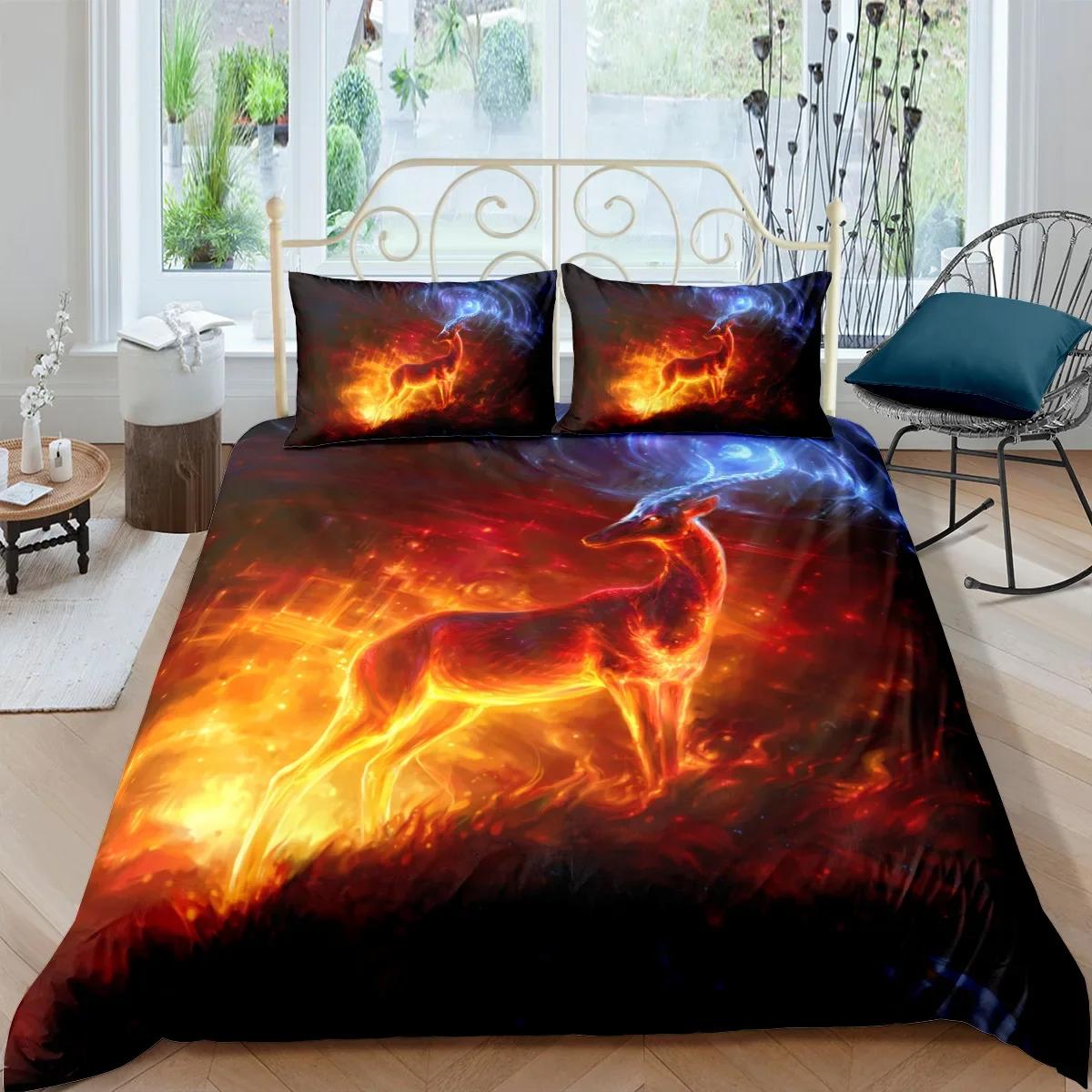 

Deer Duvet Cover King/Queen Size,wildlife Bucks Fire Pattern Print Bedding Set For Teens Adults Men,Brown Elk Animal Quilt Cover US Twin(172x218cm)