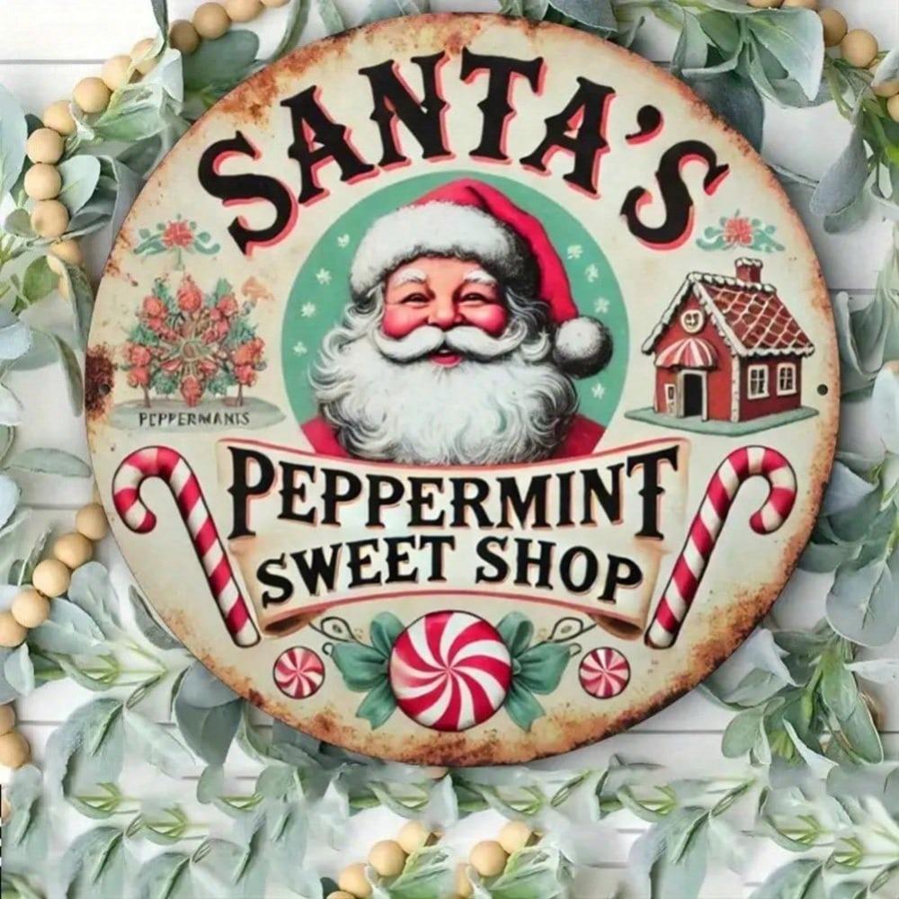 Vintage Santa Claus Candy Store Metal Tin Sign Christmas Wall Decor Holiday Gift