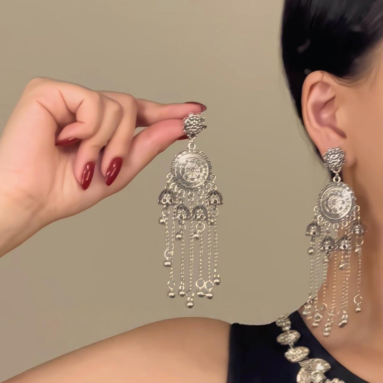 Miao Ethnic Tassel Earrings: Carved Long Dangle Style for Women
