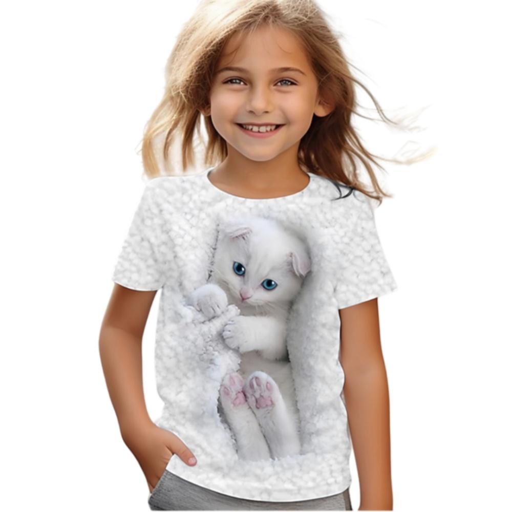 2025 New Girl's T-shirt Fashion Dolphin Children's Clothing Summer Girl's Clothing Cartoon Top Cute Cat Printed T-shirt Children's Clothing