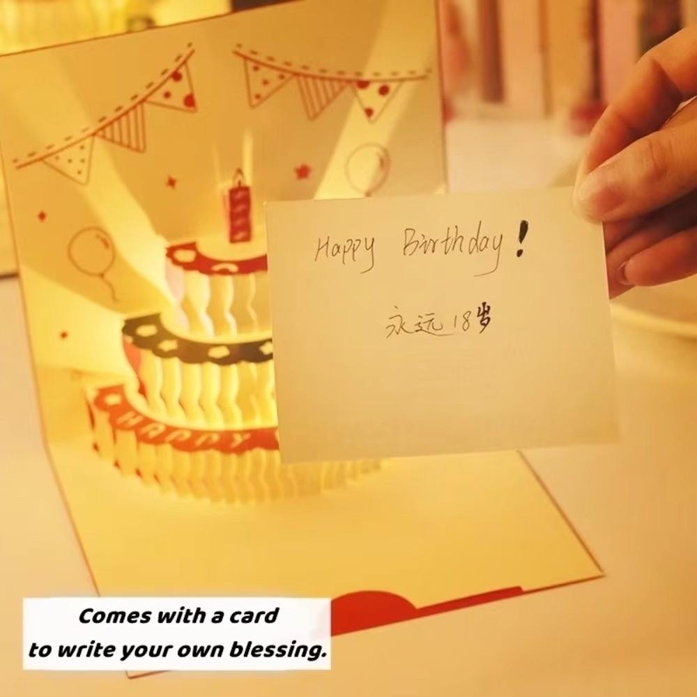 Hålristning 3D Tårta Födelsedagskort med Kuvert Unikt Pop-Up Hälsningskort Roligt Vikbart LED-ljus Pop-Up Kort