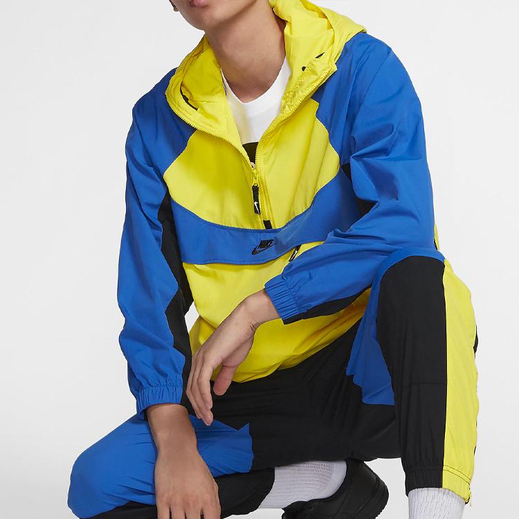 Nike Sportswear Retro Color-Block Loose Fit Half-Zip Hooded Woven Jacket Men Jacket Blue Yellow BV5386-740