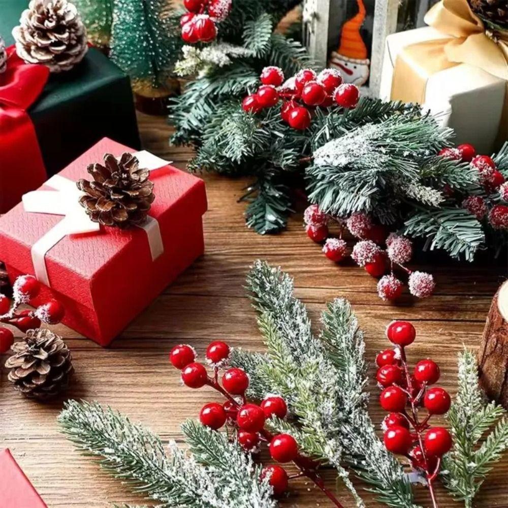 Red Berries Christmas Artificial Pine Branches Greenery Leaves Plastic Fake Cedar Pine Accessories DIY Faux Pine