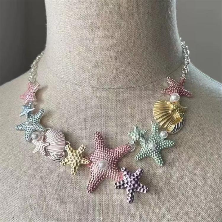 Adjustable Necklace With Starfish Shell Pearls Charm Alloy For Vacation And Parties