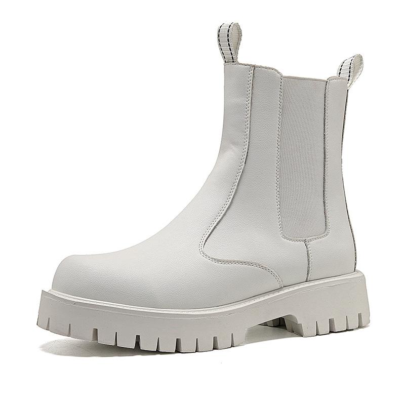 Korean Style Mens Chelsea Boots Black White Casual Shoes Stage Nightclub High Motorcycle Boot Original Leather Platform Botas