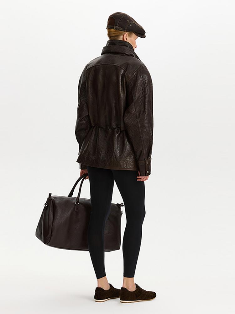 Ladies' Waist Cinched Lapel Leather Jacket Women's Brown Zipper Leather Jacket Windproof Jacket Fashion Style Autumn and Winter