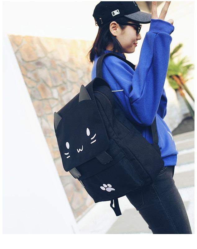 SCIONE Niedlicher Katzen-Segeltuch-Rucksack mit Cartoon-Stickerei, Teenager-Mädchen-Schule, modischer Rucksack, Mochilas-Tasche